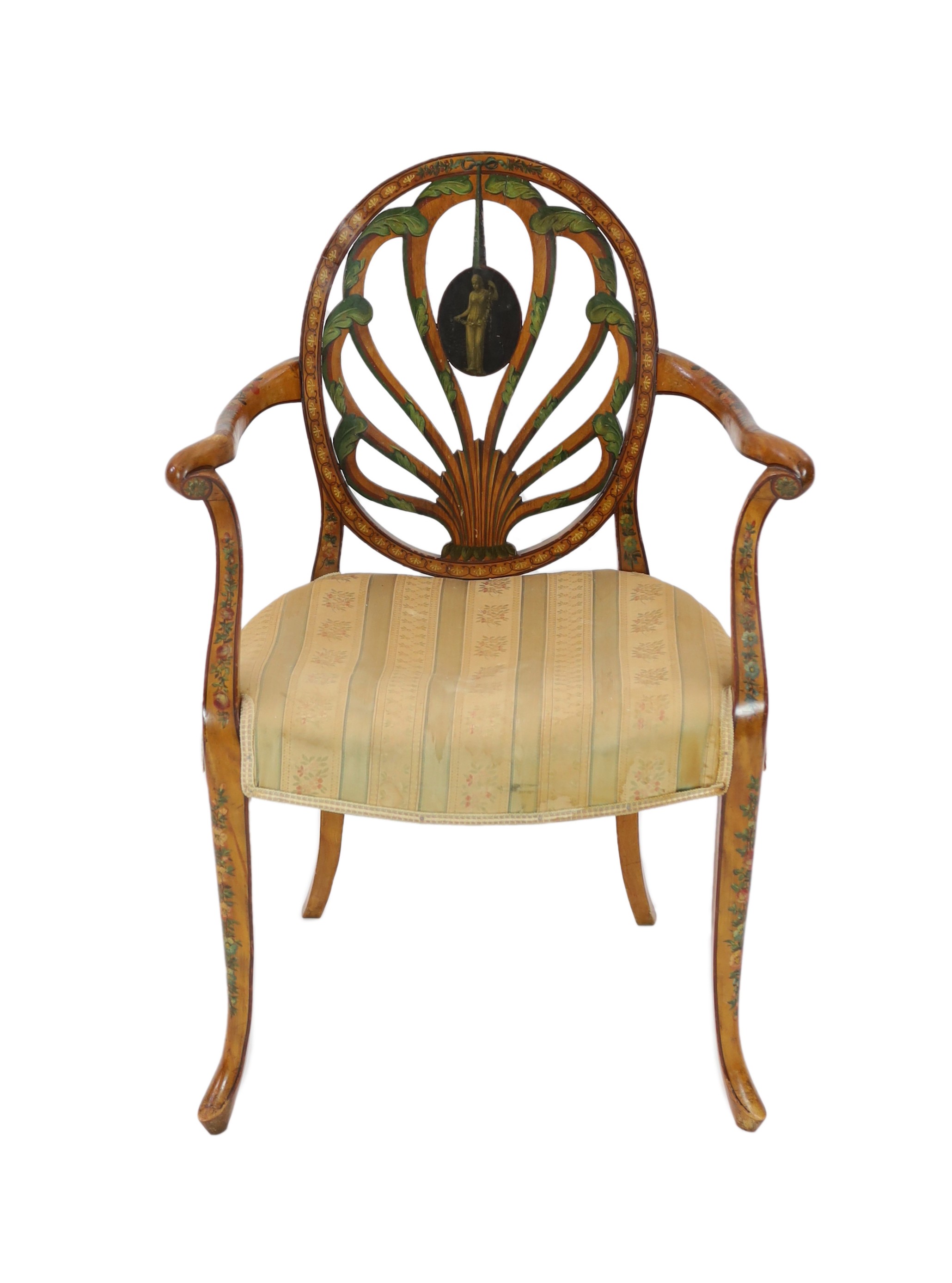 A late Victorian Sheraton revival painted satinwood elbow chair, W.62cm D.54cm H.88cm